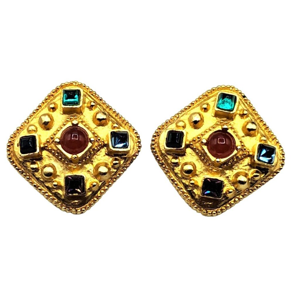 Vintage Byzantine Mogul Gold-Tone Clip-On Earrings With Multicolored‎